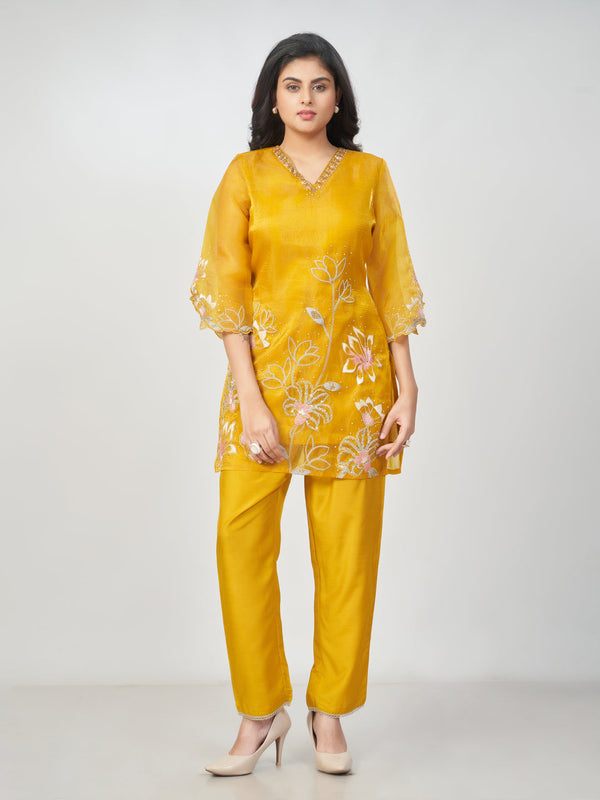 Amchoor Mustard Polyester Solid Co-ord Set for Womens