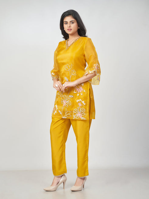 Amchoor Mustard Polyester Solid Co-ord Set for Womens