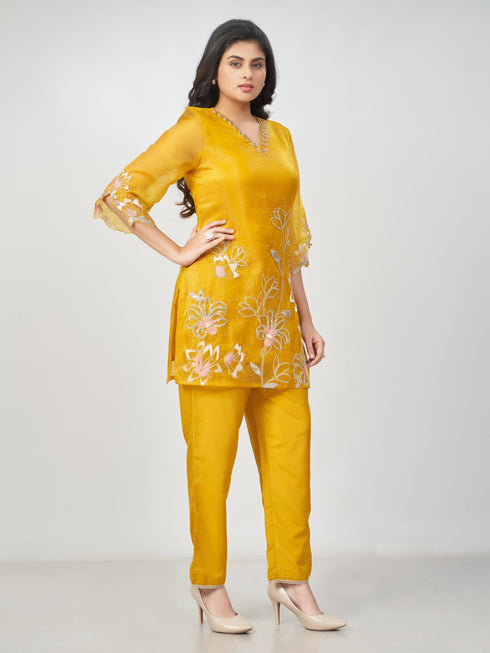 Amchoor Mustard Polyester Solid Co-ord Set for Womens