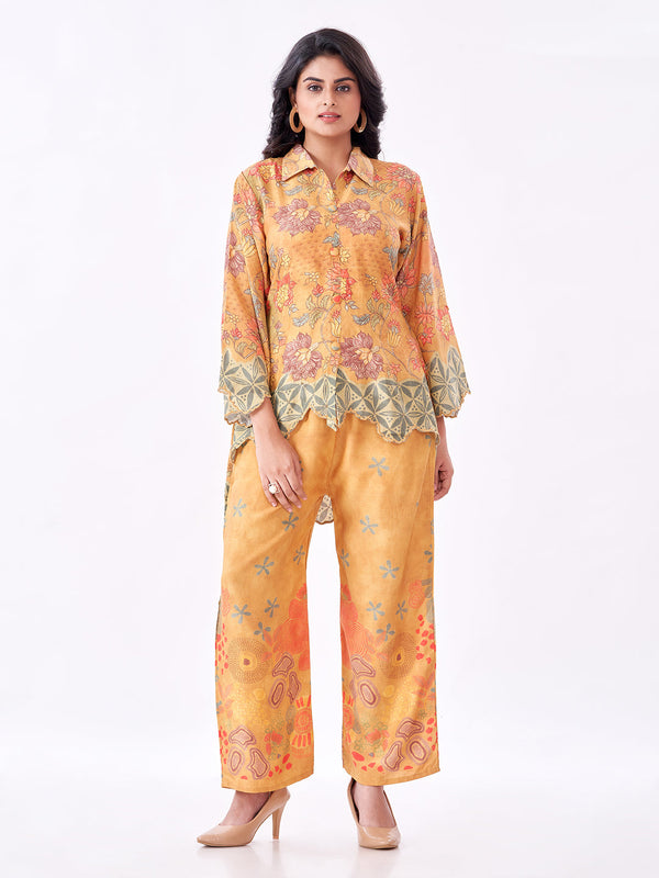 Amchoor Mustard Slub Linen Floral Co-ord Set for Womens