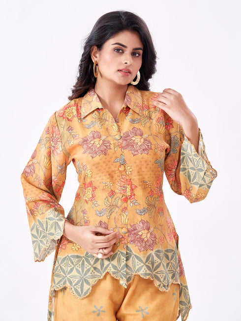Amchoor Mustard Slub Linen Floral Co-ord Set for Womens