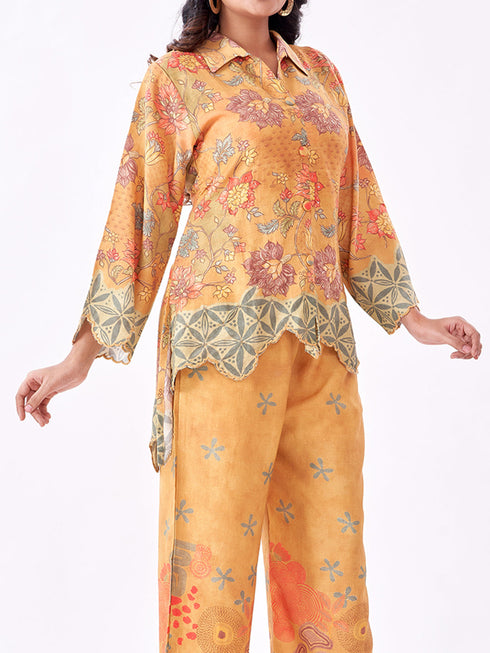 Amchoor Mustard Slub Linen Floral Co-ord Set for Womens