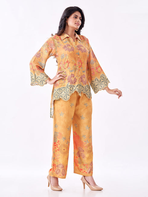 Amchoor Mustard Slub Linen Floral Co-ord Set for Womens