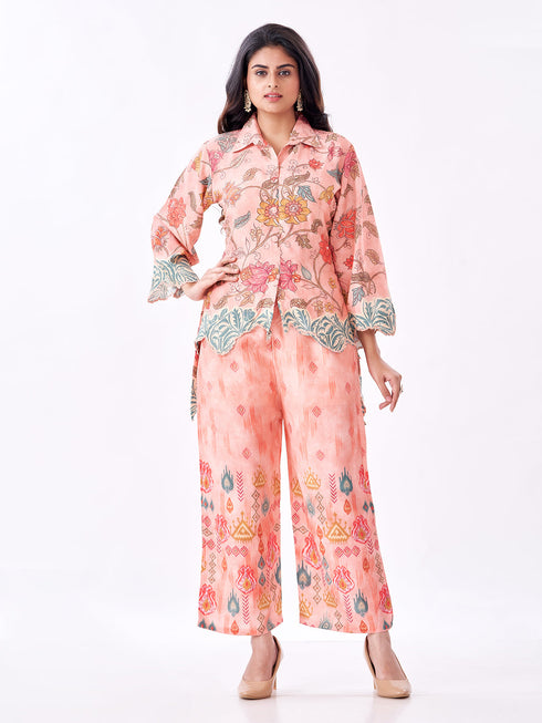 Amchoor Peach Slub Linen Floral Co-ord Set for Womens
