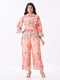 Amchoor Peach Slub Linen Floral Co-ord Set for Womens