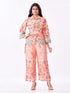 Amchoor Peach Slub Linen Floral Co-ord Set for Womens