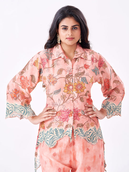 Amchoor Peach Slub Linen Floral Co-ord Set for Womens