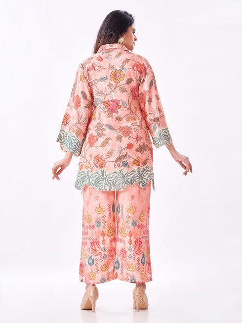 Amchoor Peach Slub Linen Floral Co-ord Set for Womens