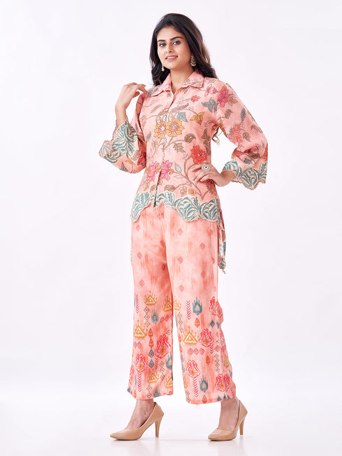 Amchoor Peach Slub Linen Floral Co-ord Set for Womens