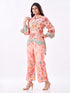 Amchoor Peach Slub Linen Floral Co-ord Set for Womens