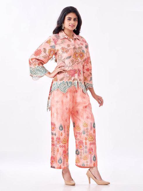 Amchoor Peach Slub Linen Floral Co-ord Set for Womens