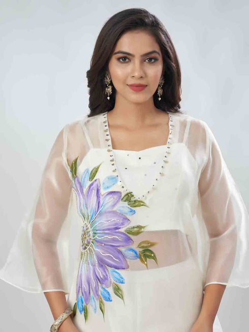 Amchoor White Tissue Floral Kurta And Trouser Set For Womens