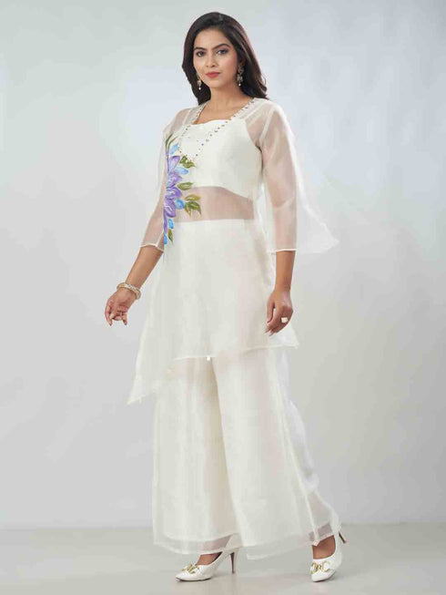 Amchoor White Tissue Floral Kurta And Trouser Set For Womens