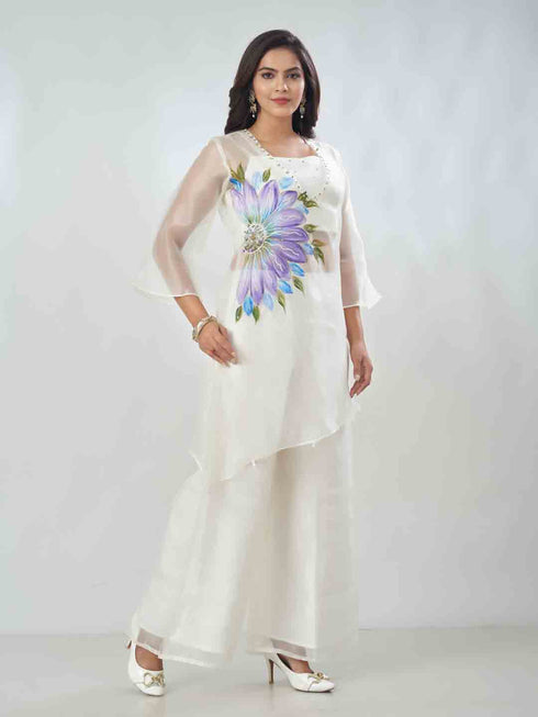 Amchoor White Tissue Floral Kurta And Trouser Set For Womens