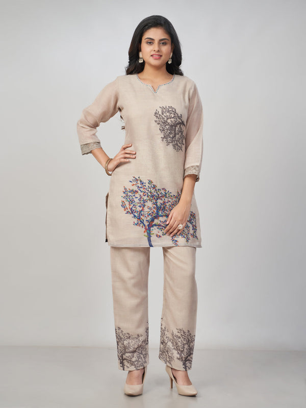 Amchoor Cream Slub linen Embroidered Co-ord Set for Womens