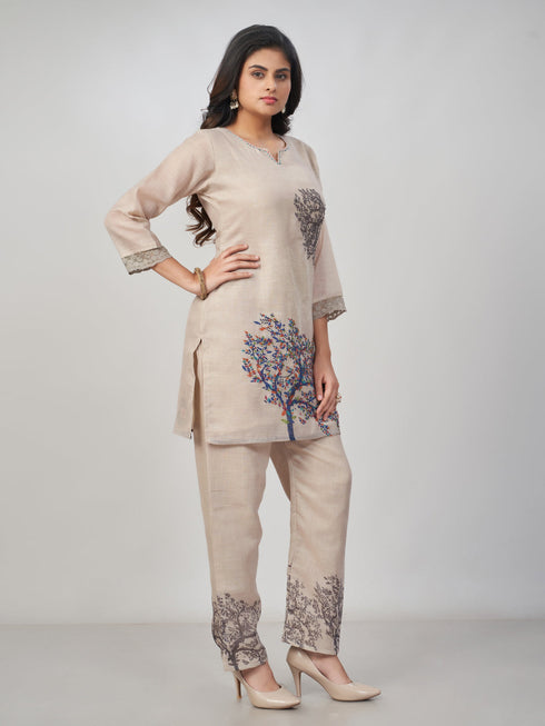 Amchoor Cream Slub linen Embroidered Co-ord Set for Womens