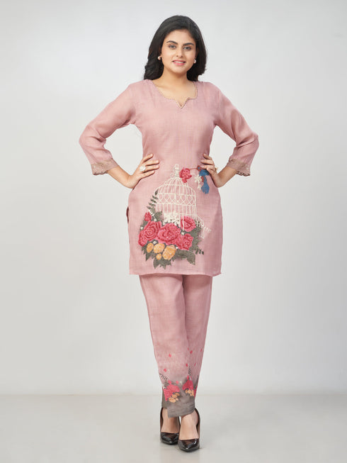 Amchoor Mauve Slub Linen Solid Co-ord Set for Womens