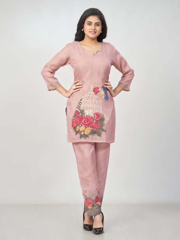 Amchoor Mauve Slub Linen Solid Co-ord Set for Womens