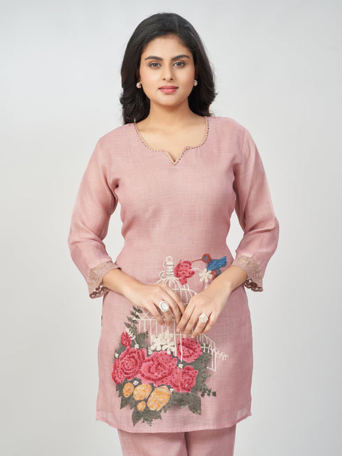 Amchoor Mauve Slub Linen Solid Co-ord Set for Womens
