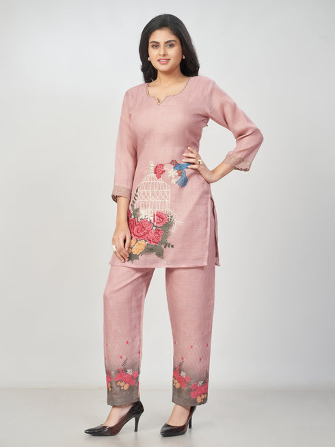 Amchoor Mauve Slub Linen Solid Co-ord Set for Womens