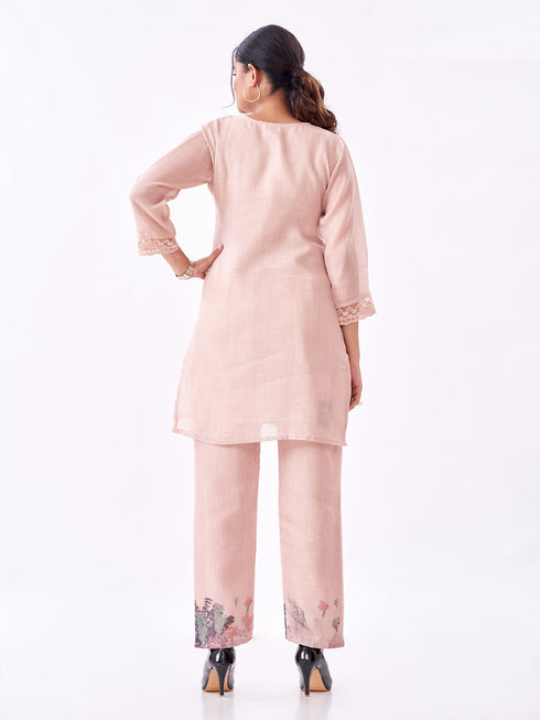 Amchoor Peach Slub Linen Embroidered Co-ord Set for Womens
