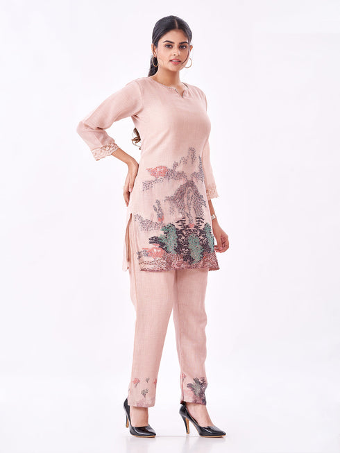 Amchoor Peach Slub Linen Embroidered Co-ord Set for Womens