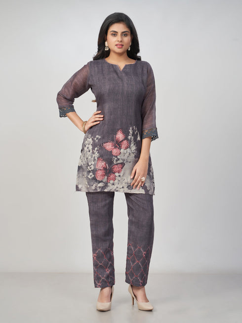 Amchoor Grey Slub Linen Solid Co-ord Set for Womens
