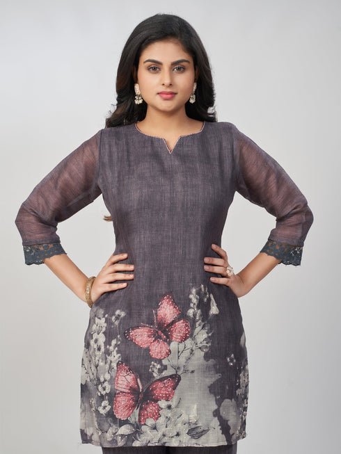 Amchoor Grey Slub Linen Solid Co-ord Set for Womens