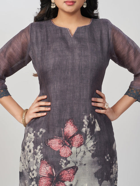 Amchoor Grey Slub Linen Solid Co-ord Set for Womens
