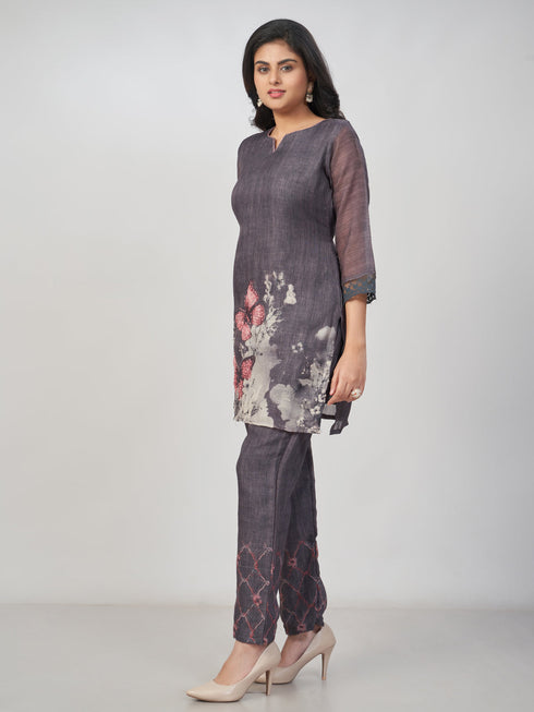 Amchoor Grey Slub Linen Solid Co-ord Set for Womens