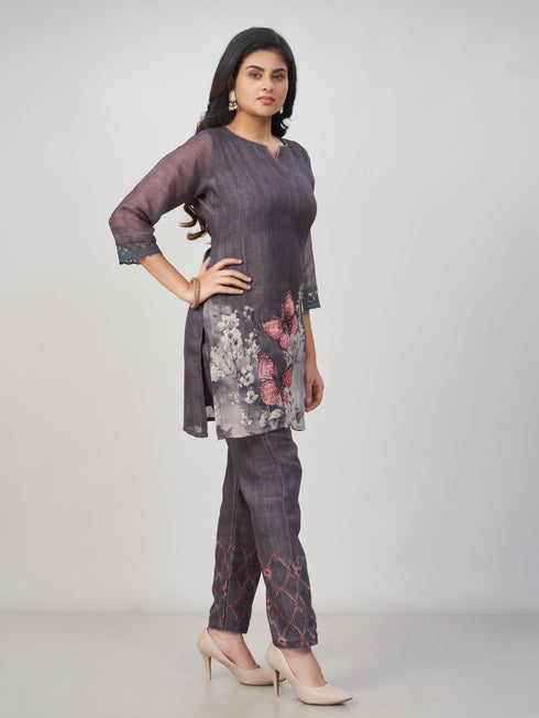 Amchoor Grey Slub Linen Solid Co-ord Set for Womens