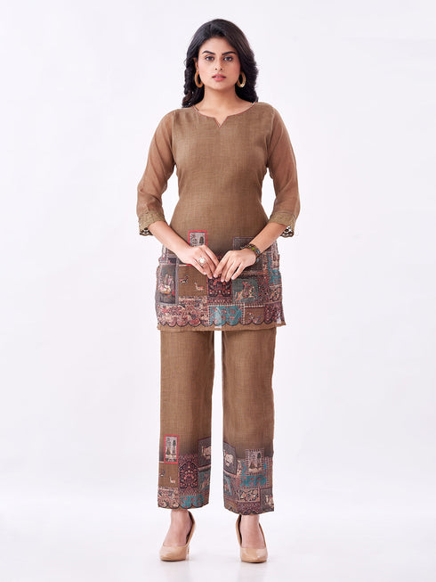 Amchoor Olive Slub Linen Solid Co-ord Set for Womens