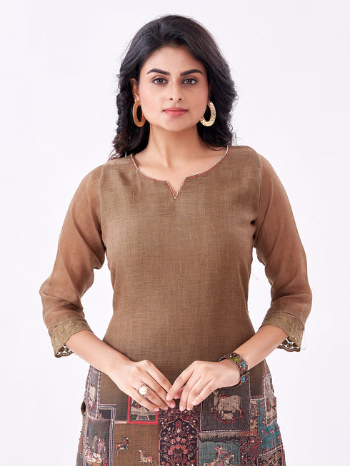 Amchoor Olive Slub Linen Solid Co-ord Set for Womens