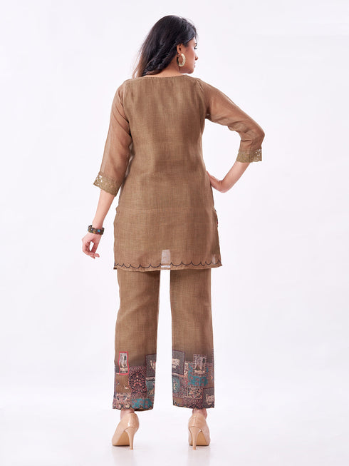 Amchoor Olive Slub Linen Solid Co-ord Set for Womens