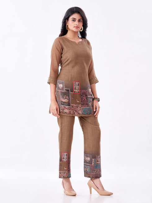 Amchoor Olive Slub Linen Solid Co-ord Set for Womens