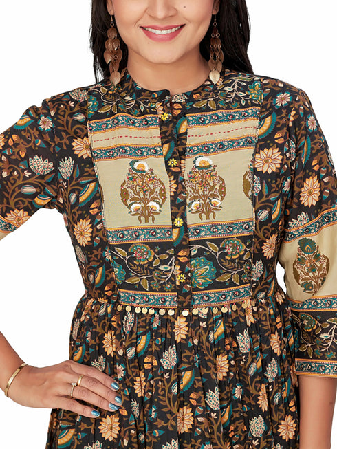Amchoor Black Cotton Floral Print Dresses for Women's