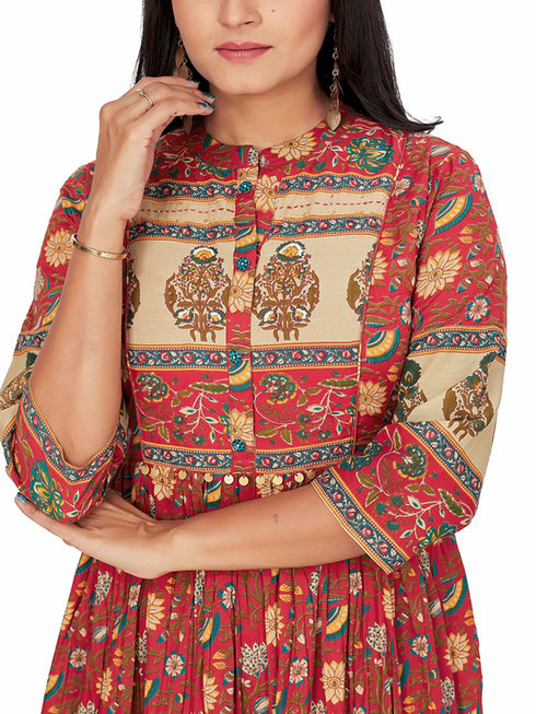 Amchoor Maroon Cotton Floral Print Dresses for Women's