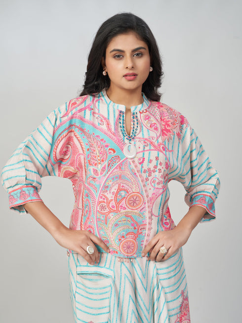 Amchoor Pink Cotton Linen Paisley Co-ord Set for Womens