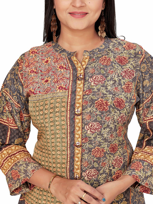 Amchoor Grey Viscose Crepe Floral Print Top for Women's