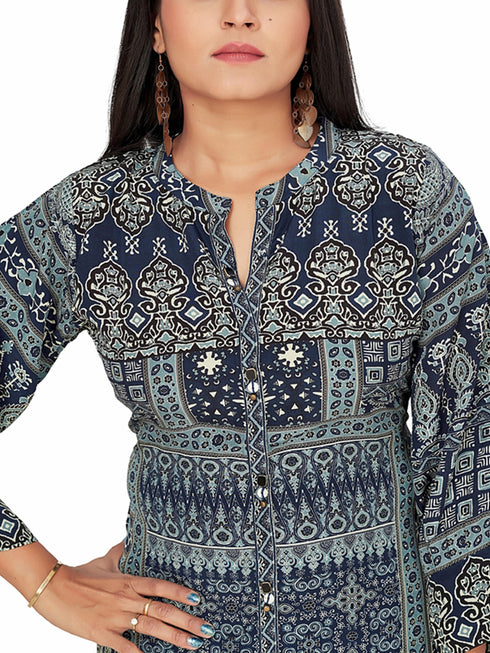 Amchoor Navy Viscose Crepe Geometric Print Top for Women's