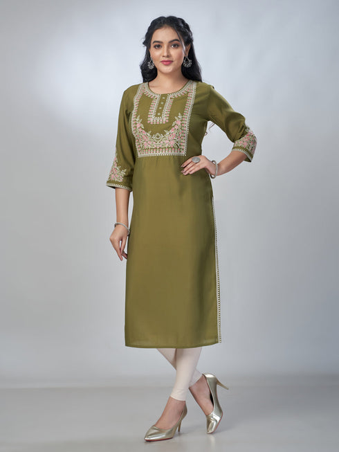 Amchoor Green Roman Silk Solid Kurti For Womens