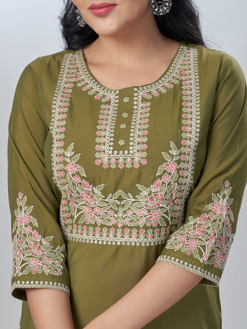 Amchoor Green Roman Silk Solid Kurti For Womens