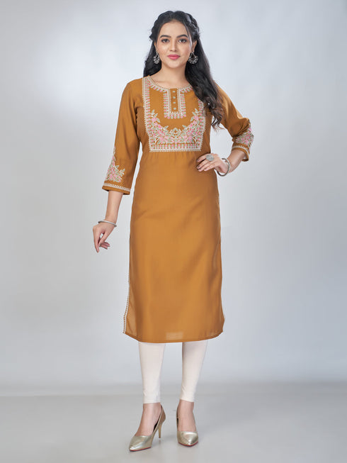 Amchoor Mustard Roman Silk Solid Kurti For Womens