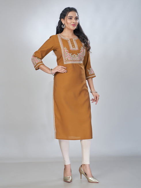 Amchoor Mustard Roman Silk Solid Kurti For Womens