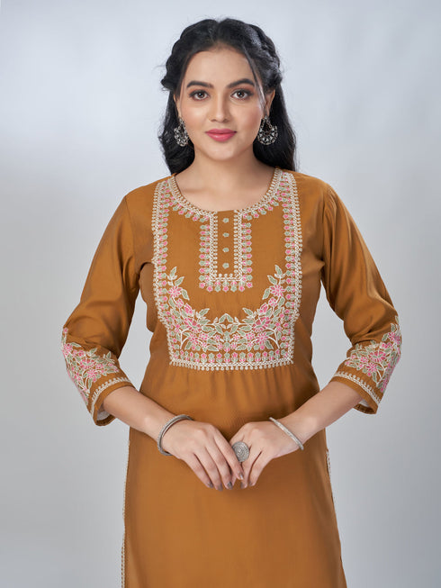 Amchoor Mustard Roman Silk Solid Kurti For Womens