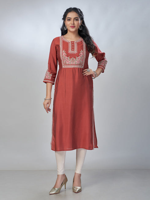 Amchoor Rust Roman Silk Solid Kurti For Womens