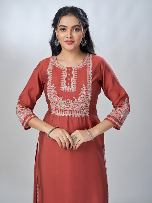 Amchoor Rust Roman Silk Solid Kurti For Womens