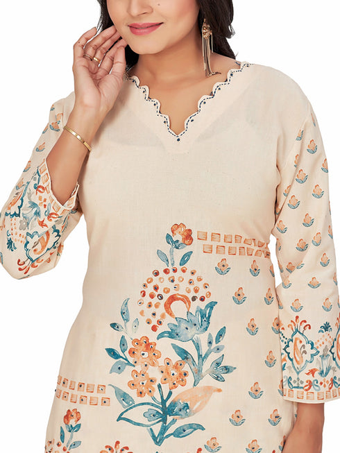 Amchoor Cream Blended Linen Floral Print KURTI SET for Women's