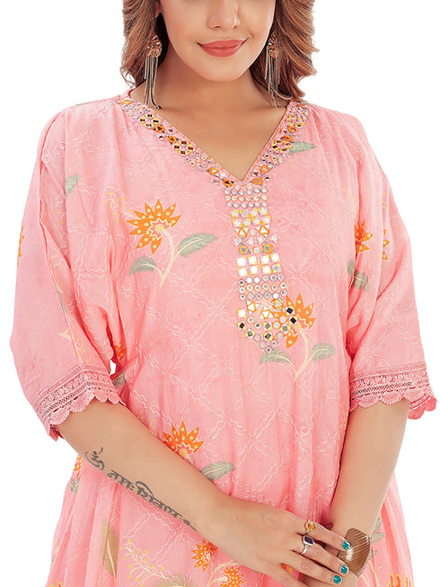 Amchoor Pink Cotton Floral Print Kurti Pant for Women's