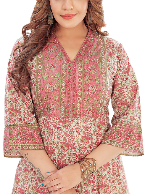 Amchoor Pink Cotton Floral Print Kurti Set for Women's